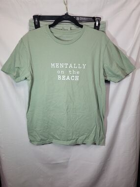 Graphic 'Mentally on the Beach' Crewneck Tee & Shorts Set- Sage Green